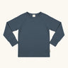 Maxomorra GOTS organic cotton long sleeve raglan top in solid blue. Features a crew neck line and fitted cuffs