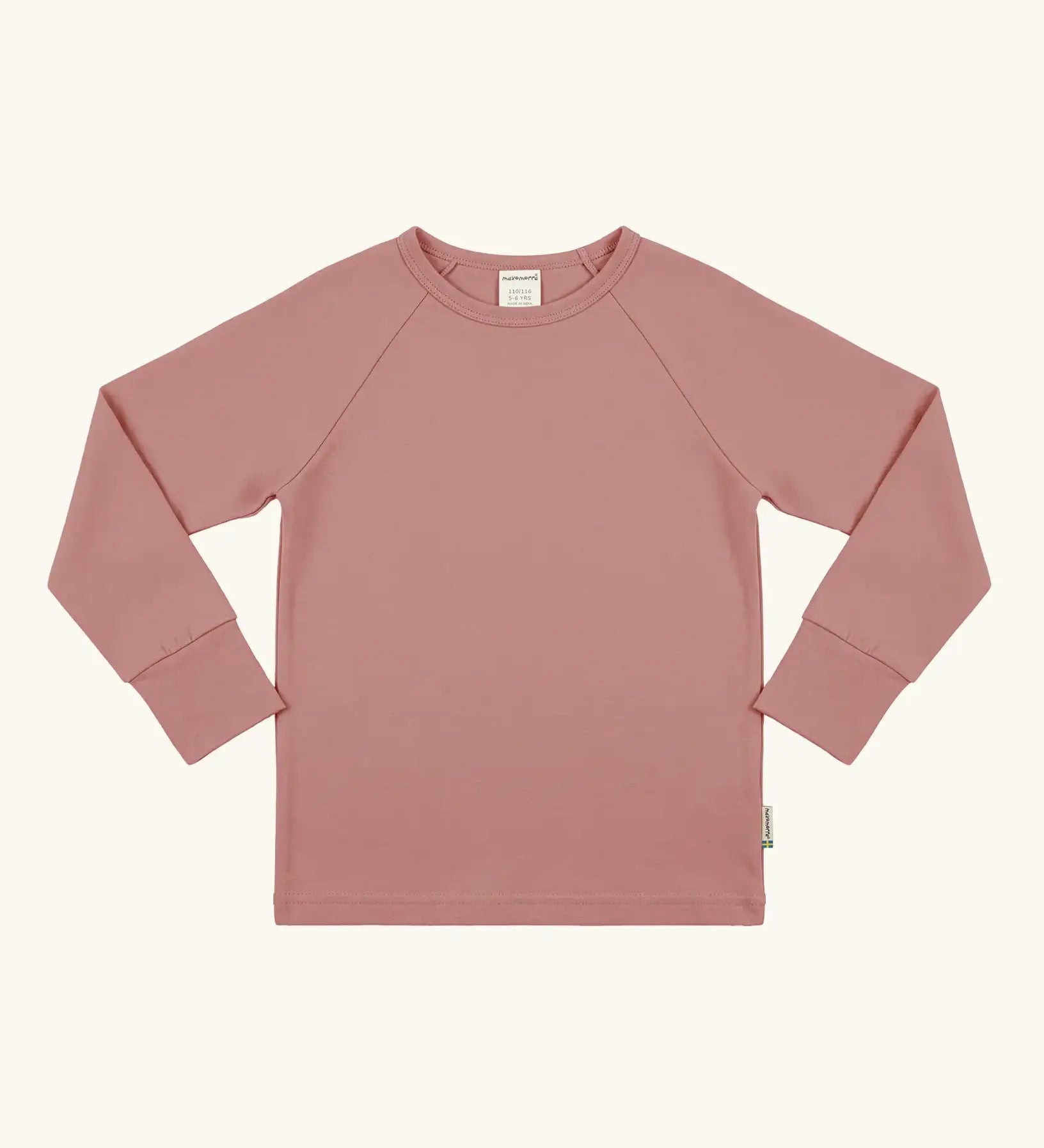 Maxomorra GOTS organic cotton long sleeve raglan top in solid pink. Features a crew neck line and fitted cuffs