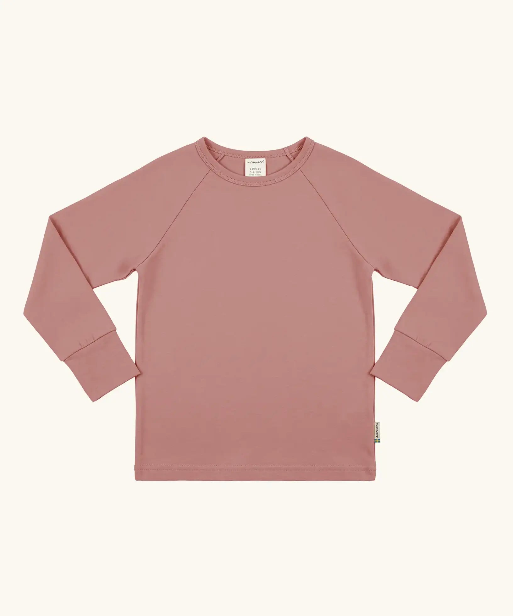 Maxomorra GOTS organic cotton long sleeve raglan top in solid pink. Features a crew neck line and fitted cuffs