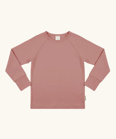 Maxomorra GOTS organic cotton long sleeve raglan top in solid pink. Features a crew neck line and fitted cuffs