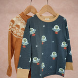 Maxomorra long sleeve kids top with ufo print in blue with yellow cuffs and piping and Little Green Radicals yellow wool jumper.