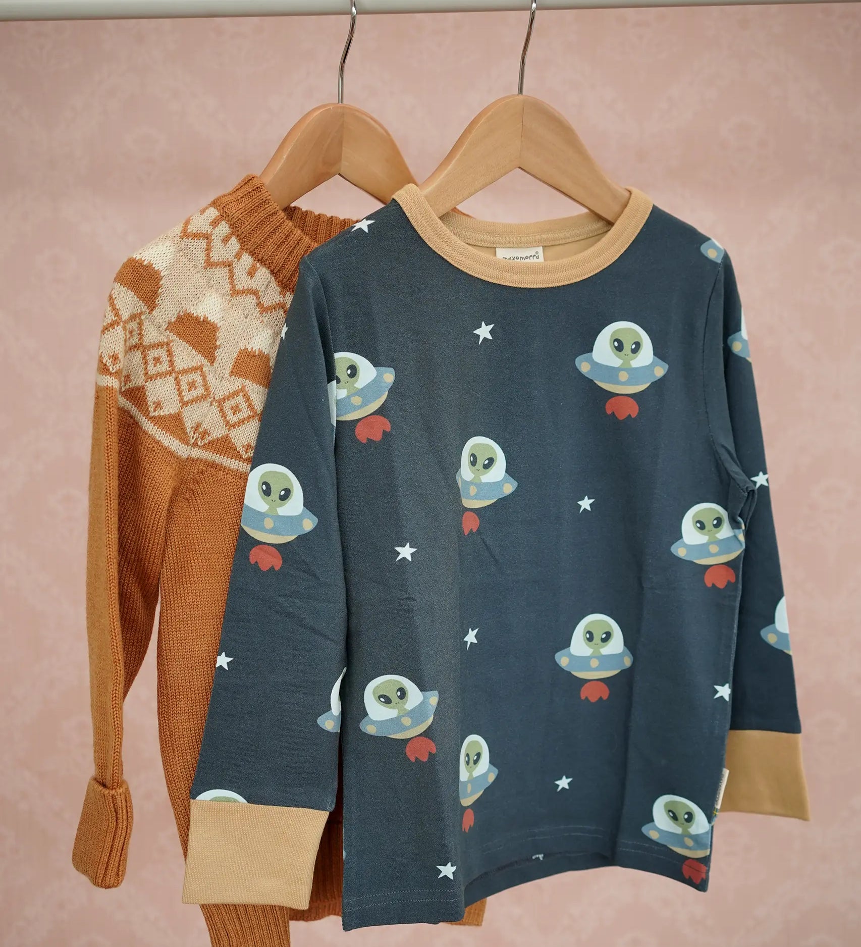 Maxomorra long sleeve kids top with ufo print in blue with yellow cuffs and piping and Little Green Radicals yellow wool jumper.