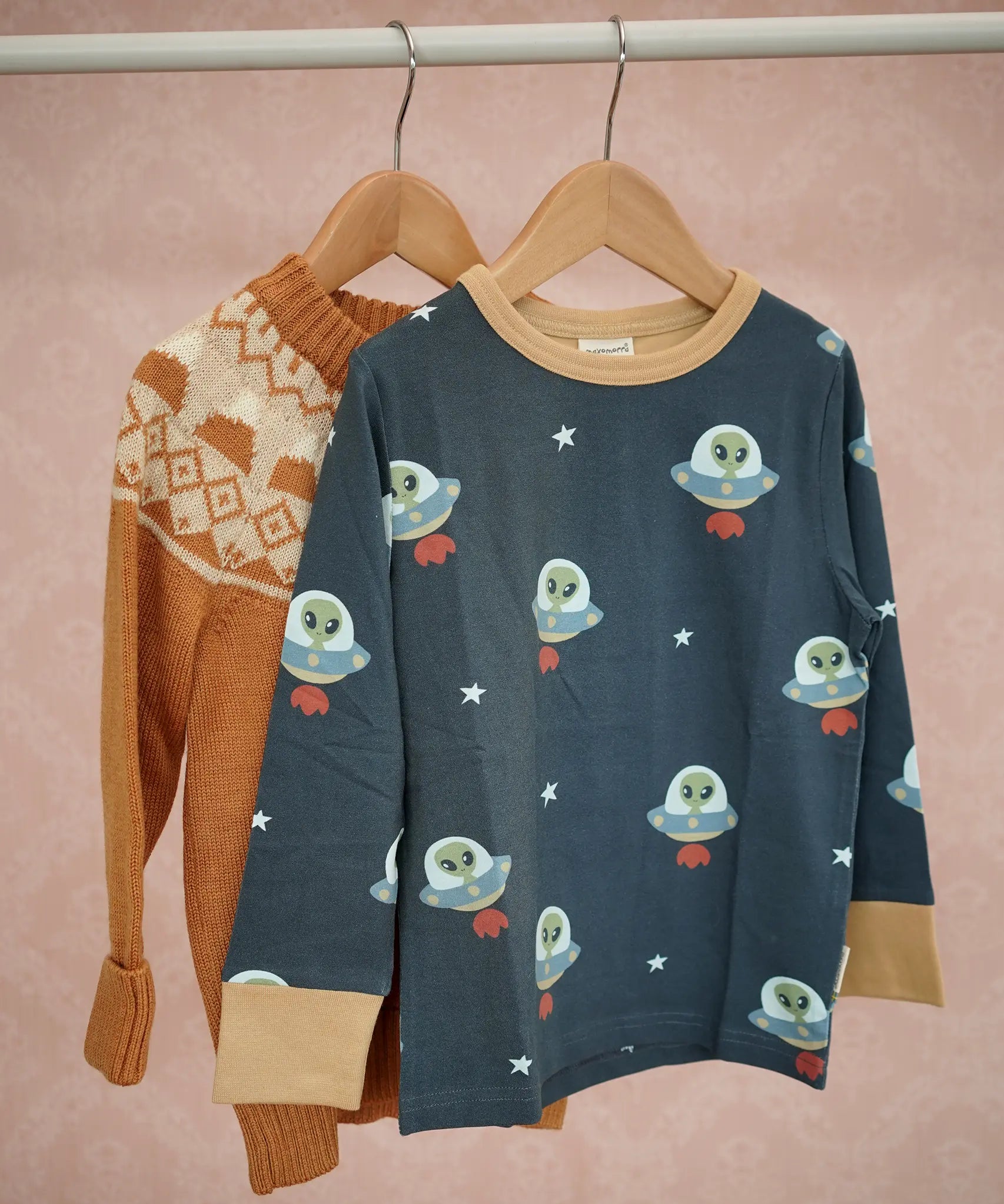 Maxomorra long sleeve kids top with ufo print in blue with yellow cuffs and piping and Little Green Radicals yellow wool jumper.