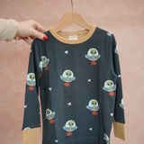 Maxomorra long sleeve kids top with ufo print in blue with yellow cuffs and piping, made from organic cotton.