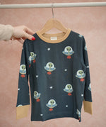 Maxomorra long sleeve kids top with ufo print in blue with yellow cuffs and piping, made from organic cotton.