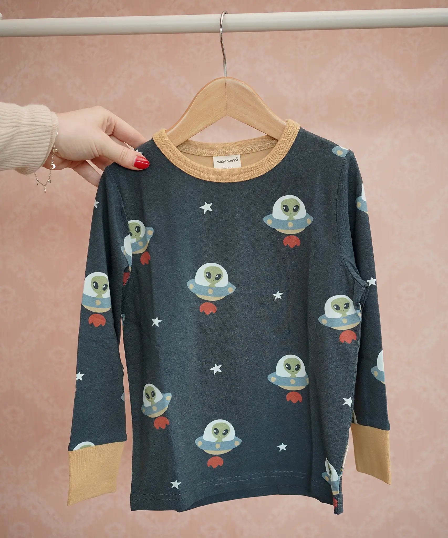Maxomorra long sleeve kids top with ufo print in blue with yellow cuffs and piping, made from organic cotton.