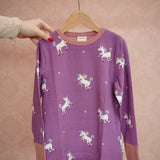 Maxomorra long sleeve kids top with unicorn print in purple with pink cuffs and piping, made from organic cotton.