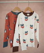 Maxomorra long sleeve kids tops, Viking in white and dragon in red, both made from organic cotton.