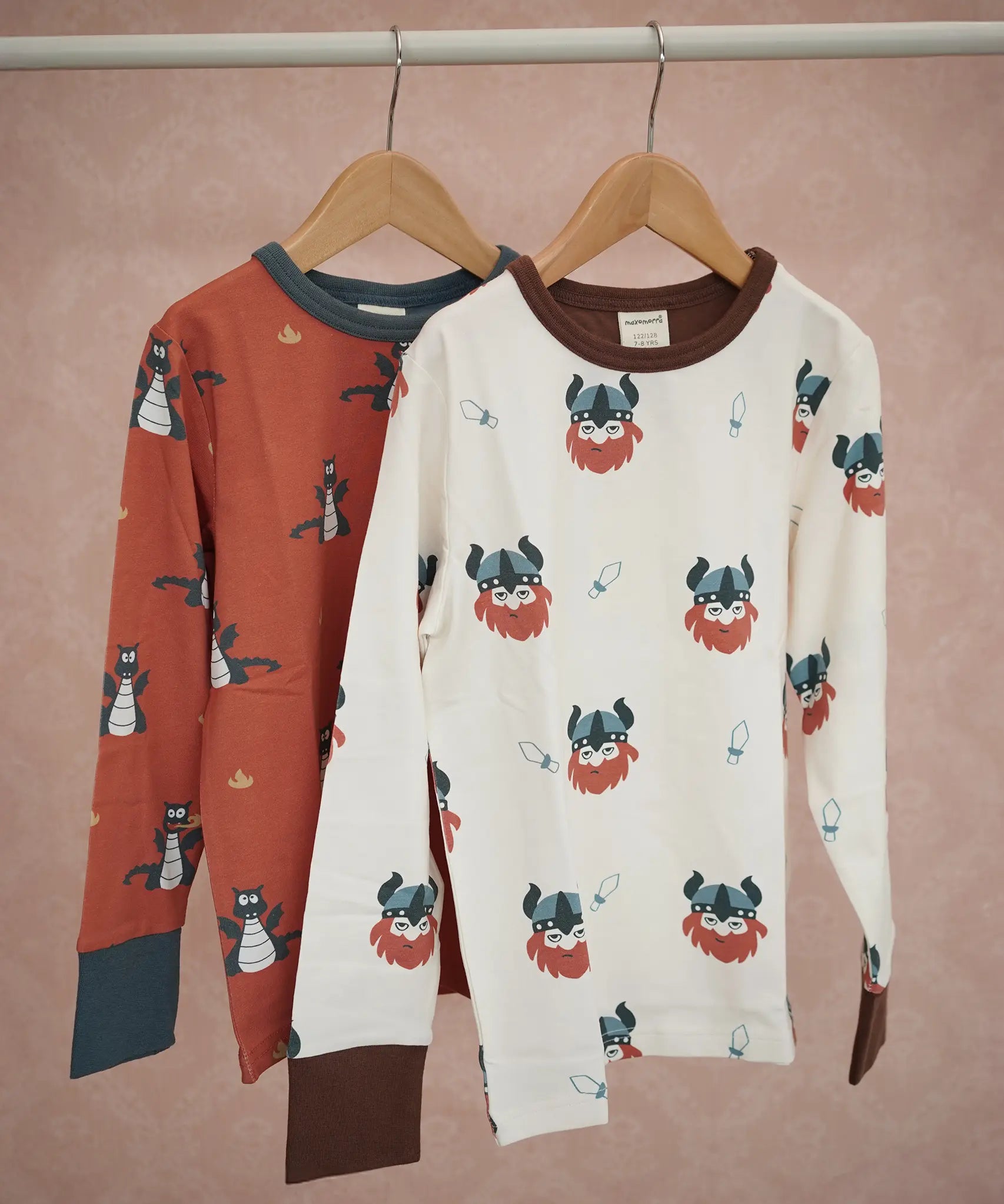 Maxomorra long sleeve kids tops, Viking in white and dragon in red, both made from organic cotton.