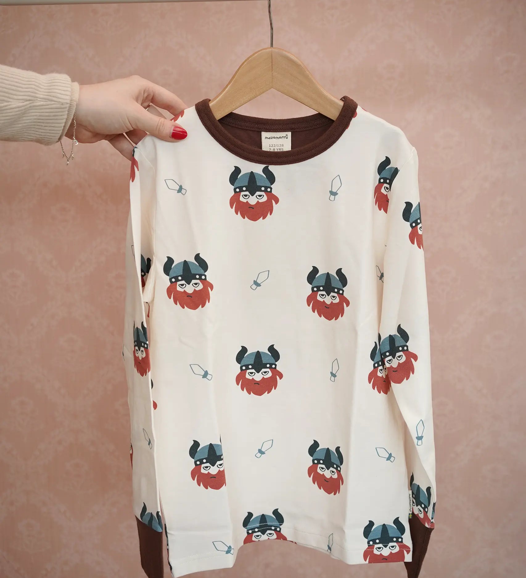 Maxomorra long sleeve kids top with Viking print in white with brown cuffs and piping, made from organic cotton.