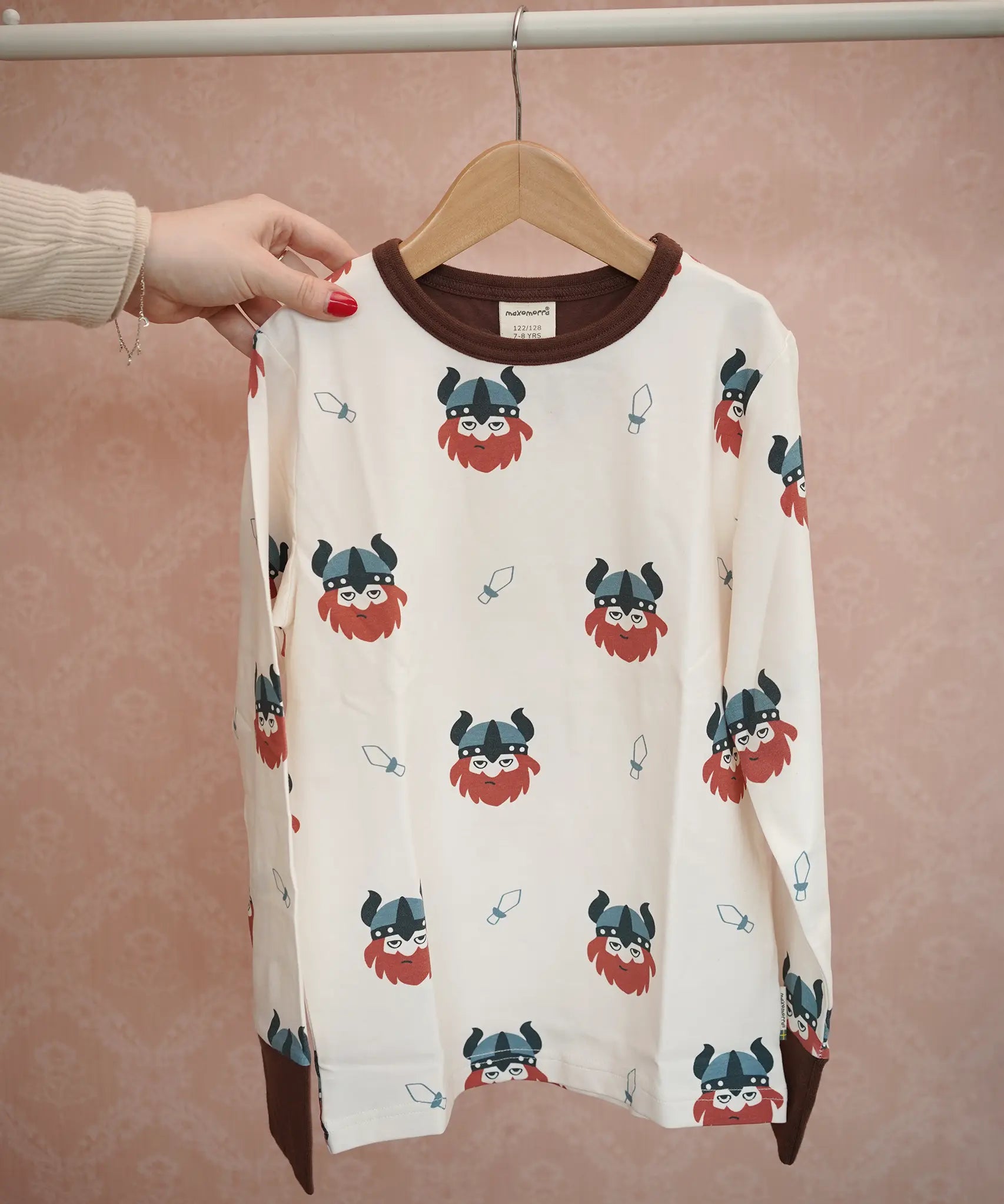 Maxomorra long sleeve kids top with Viking print in white with brown cuffs and piping, made from organic cotton.