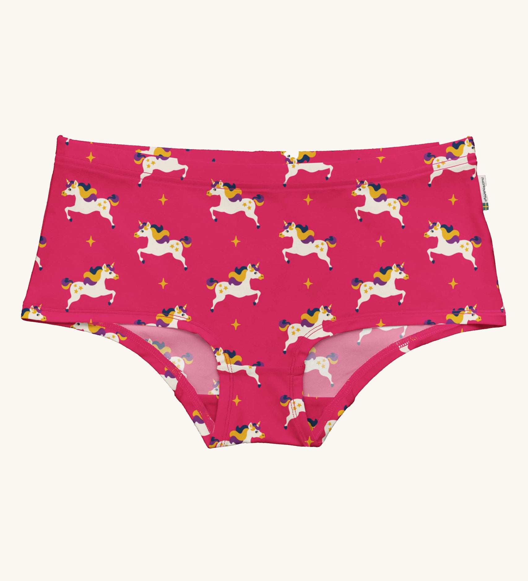 Maxomorra Unicorn Organic Cotton Adult Hipster Briefs on a plain background. 