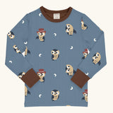 Maxomorra GOTS organic cotton long sleeve top in blue with a cute repeating owl print and brown neck line and cuffs