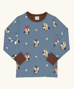 Maxomorra GOTS organic cotton long sleeve top in blue with a cute repeating owl print and brown neck line and cuffs