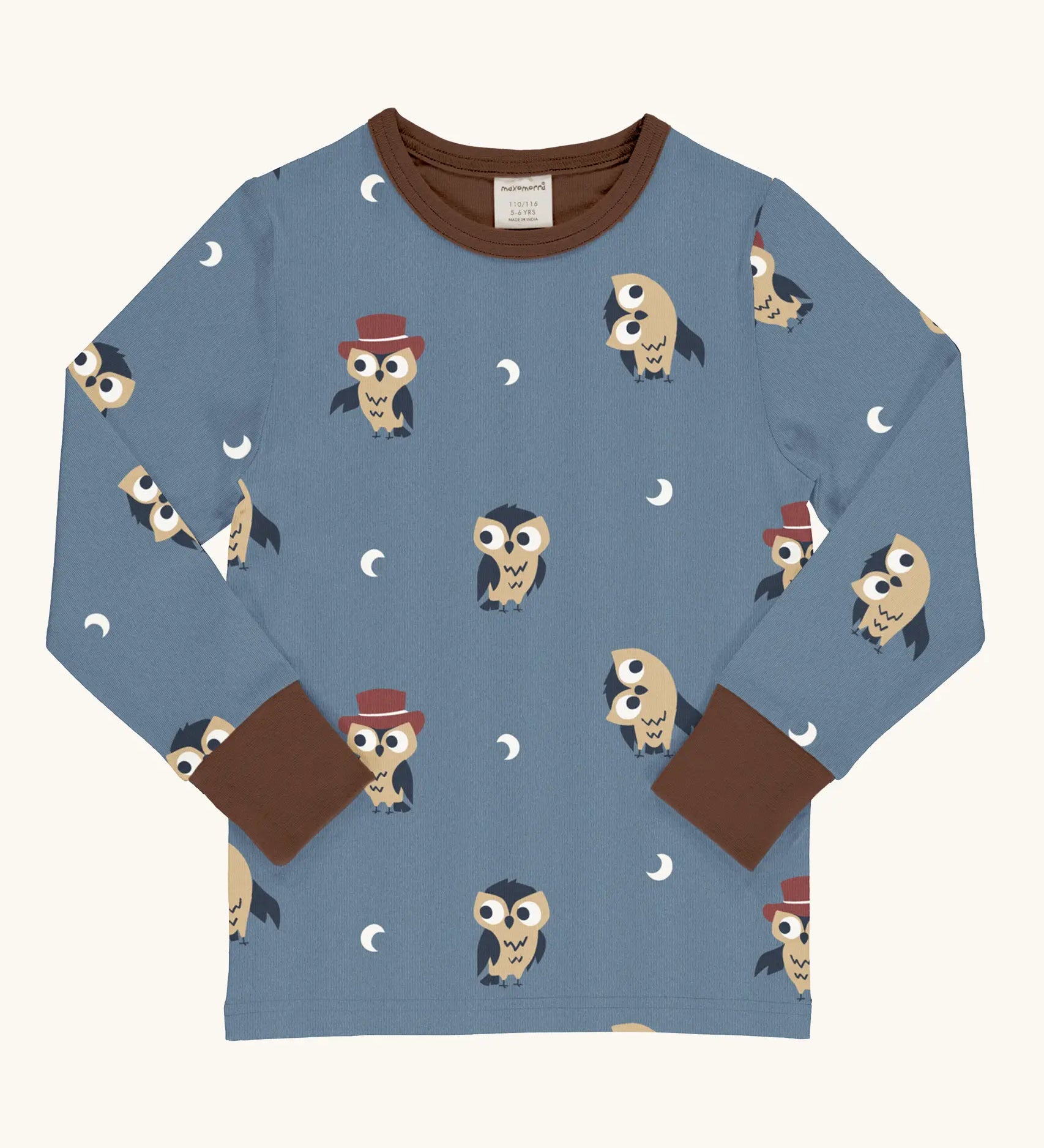Maxomorra GOTS organic cotton long sleeve top in blue with a cute repeating owl print and brown neck line and cuffs