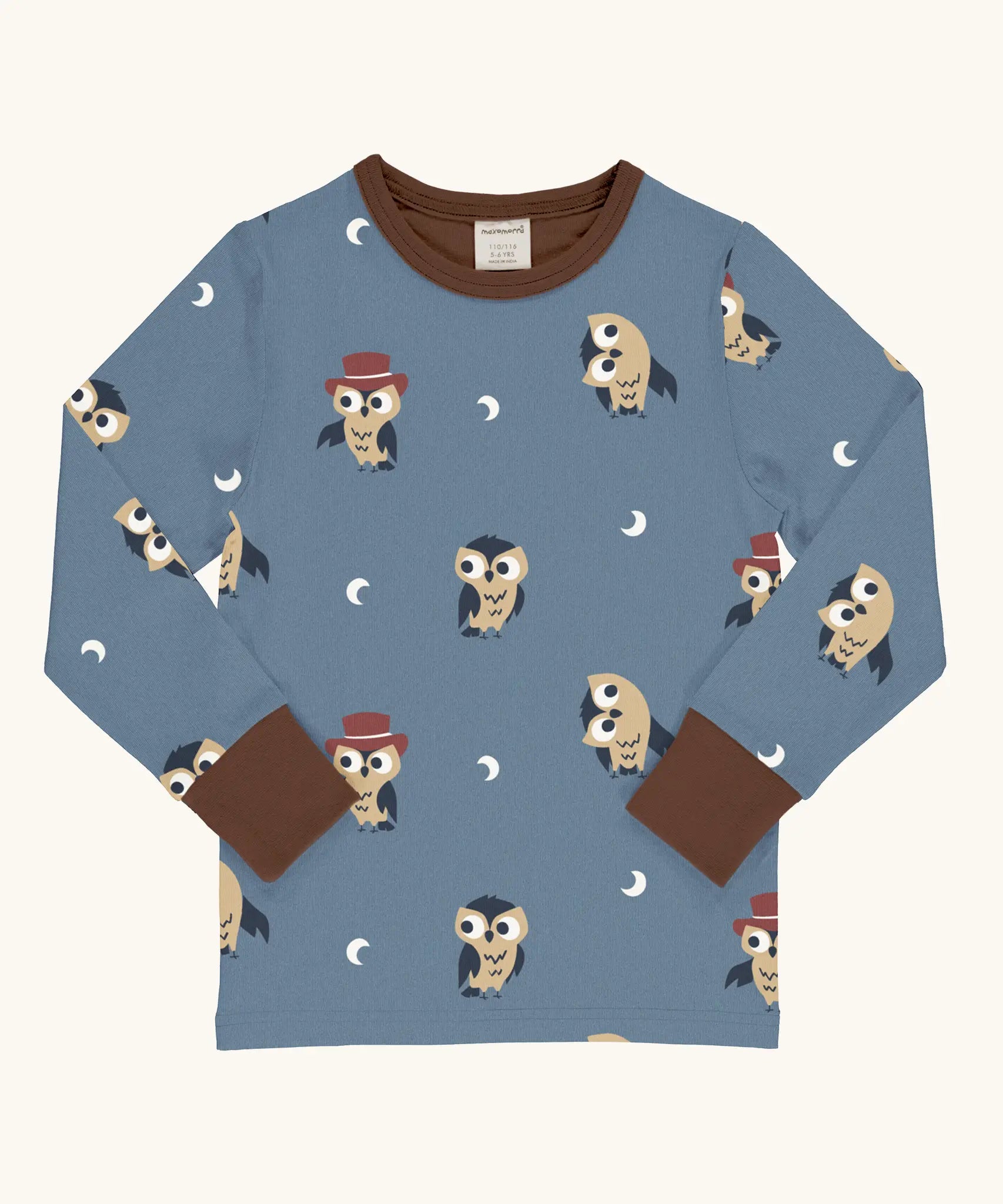 Maxomorra GOTS organic cotton long sleeve top in blue with a cute repeating owl print and brown neck line and cuffs