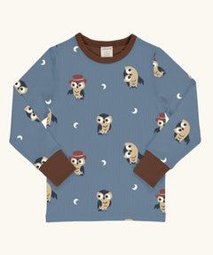 Maxomorra GOTS organic cotton long sleeve top in blue with a cute repeating owl print and brown neck line and cuffs