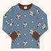 Maxomorra GOTS organic cotton long sleeve top in blue with a cute repeating owl print and brown neck line and cuffs