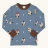 Maxomorra GOTS organic cotton long sleeve top in blue with a cute repeating owl print and brown neck line and cuffs