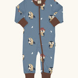 Maxomorra GOTS organic cotton baby long sleeve rompersuit in blue with a cute repeating owl print, brown neck, cuffs and full front zip fastener