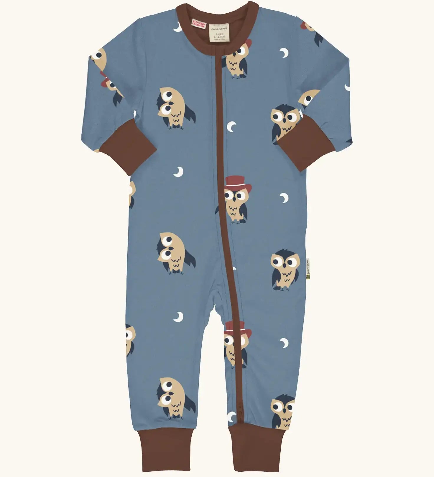 Maxomorra GOTS organic cotton baby long sleeve rompersuit in blue with a cute repeating owl print, brown neck, cuffs and full front zip fastener
