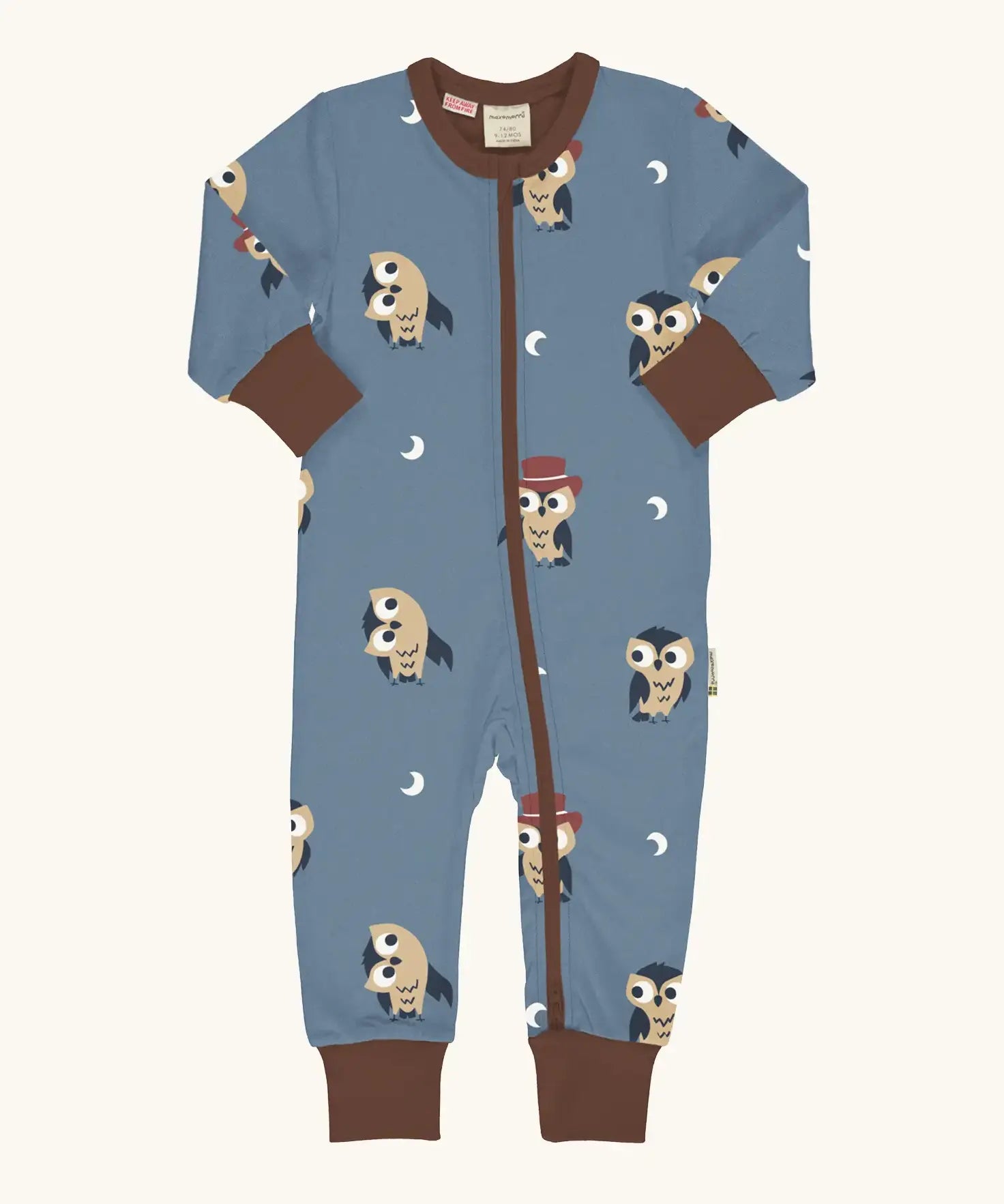Maxomorra GOTS organic cotton baby long sleeve rompersuit in blue with a cute repeating owl print, brown neck, cuffs and full front zip fastener