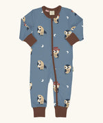 Maxomorra GOTS organic cotton baby long sleeve rompersuit in blue with a cute repeating owl print, brown neck, cuffs and full front zip fastener
