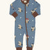 Maxomorra GOTS organic cotton baby long sleeve rompersuit in blue with a cute repeating owl print, brown neck, cuffs and full front zip fastener