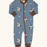 Maxomorra GOTS organic cotton baby long sleeve rompersuit in blue with a cute repeating owl print, brown neck, cuffs and full front zip fastener