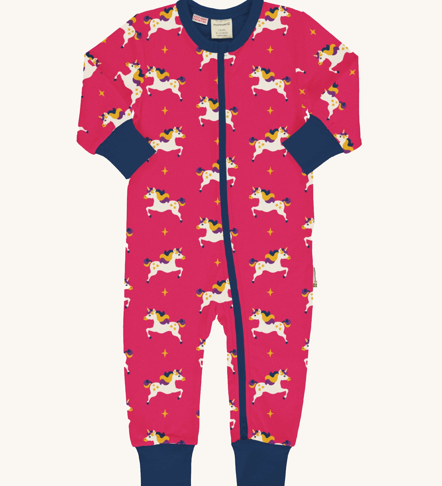 Maxomorra Unicorn Long Sleeve Rompersuit on a plain background. 