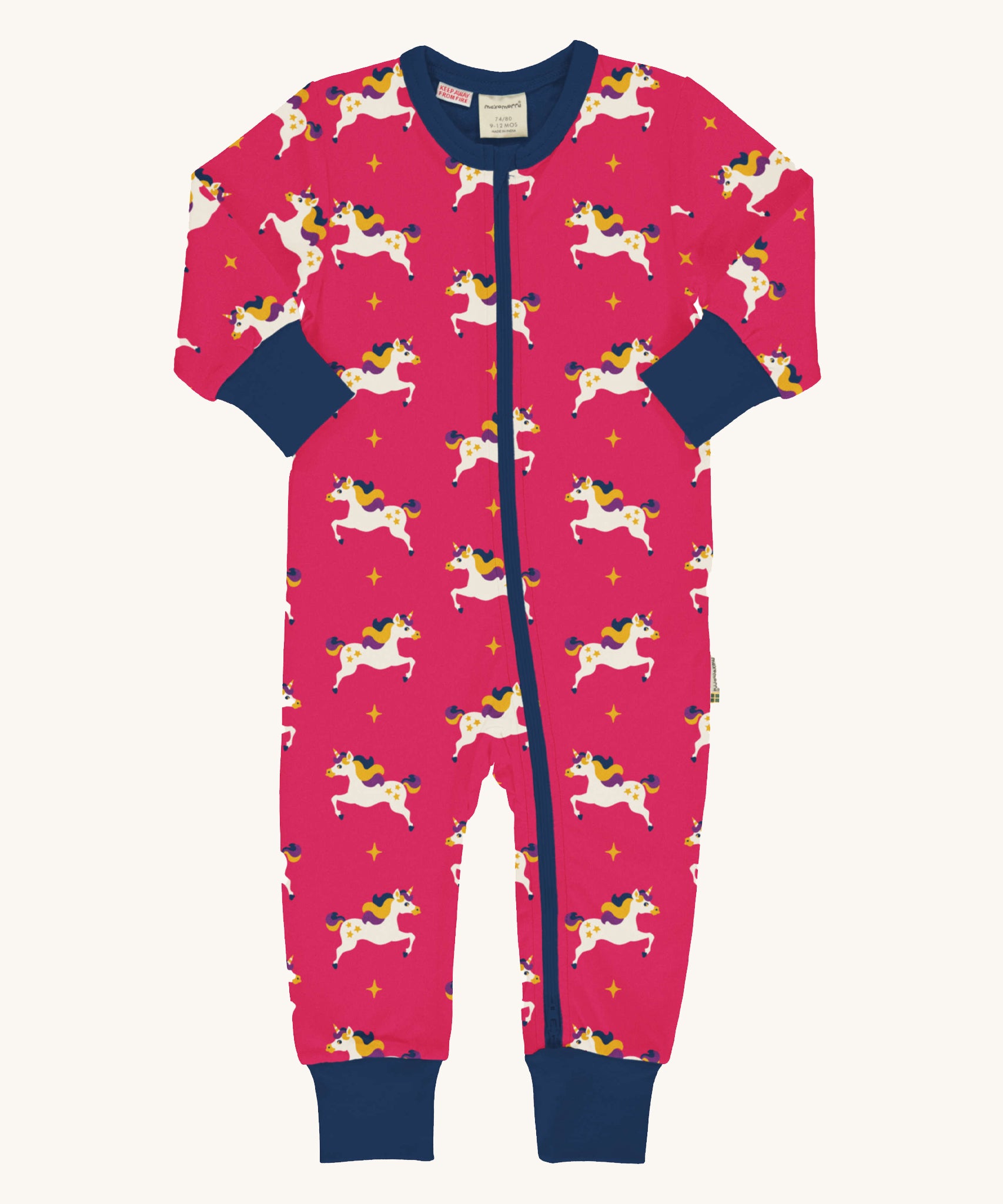Maxomorra Unicorn Long Sleeve Rompersuit on a plain background. 