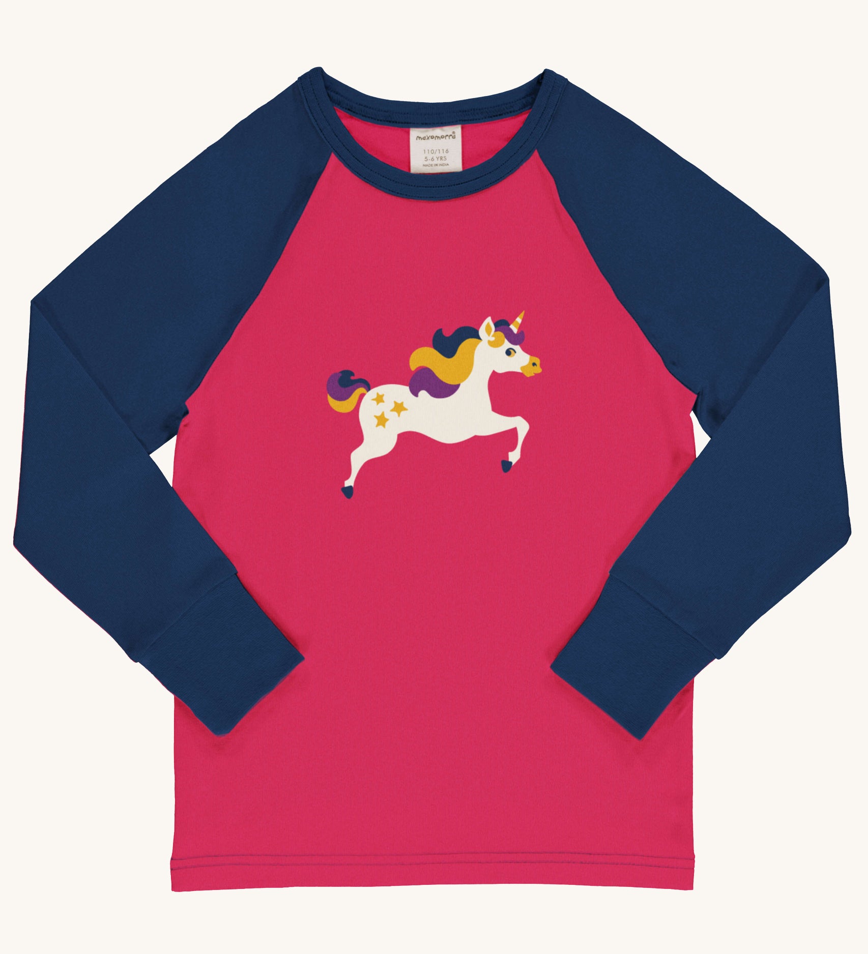 Maxomorra Unicorn Raglan Long Sleeve Top on a plain background. 