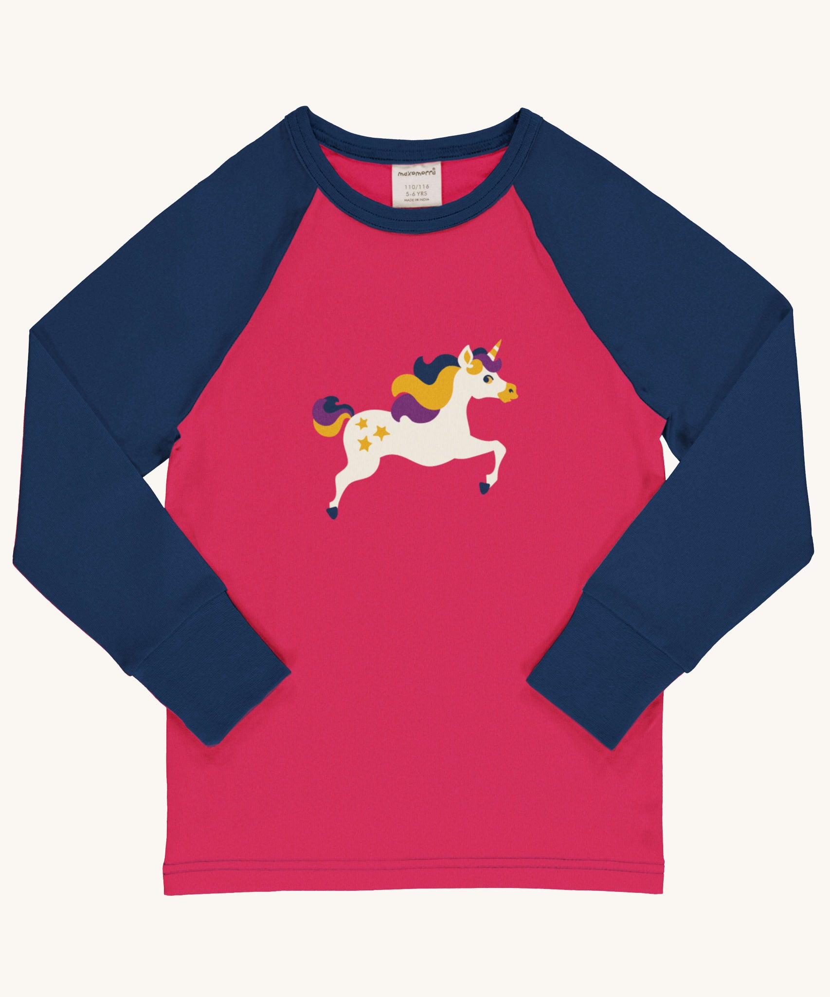 Maxomorra Unicorn Raglan Long Sleeve Top on a plain background. 