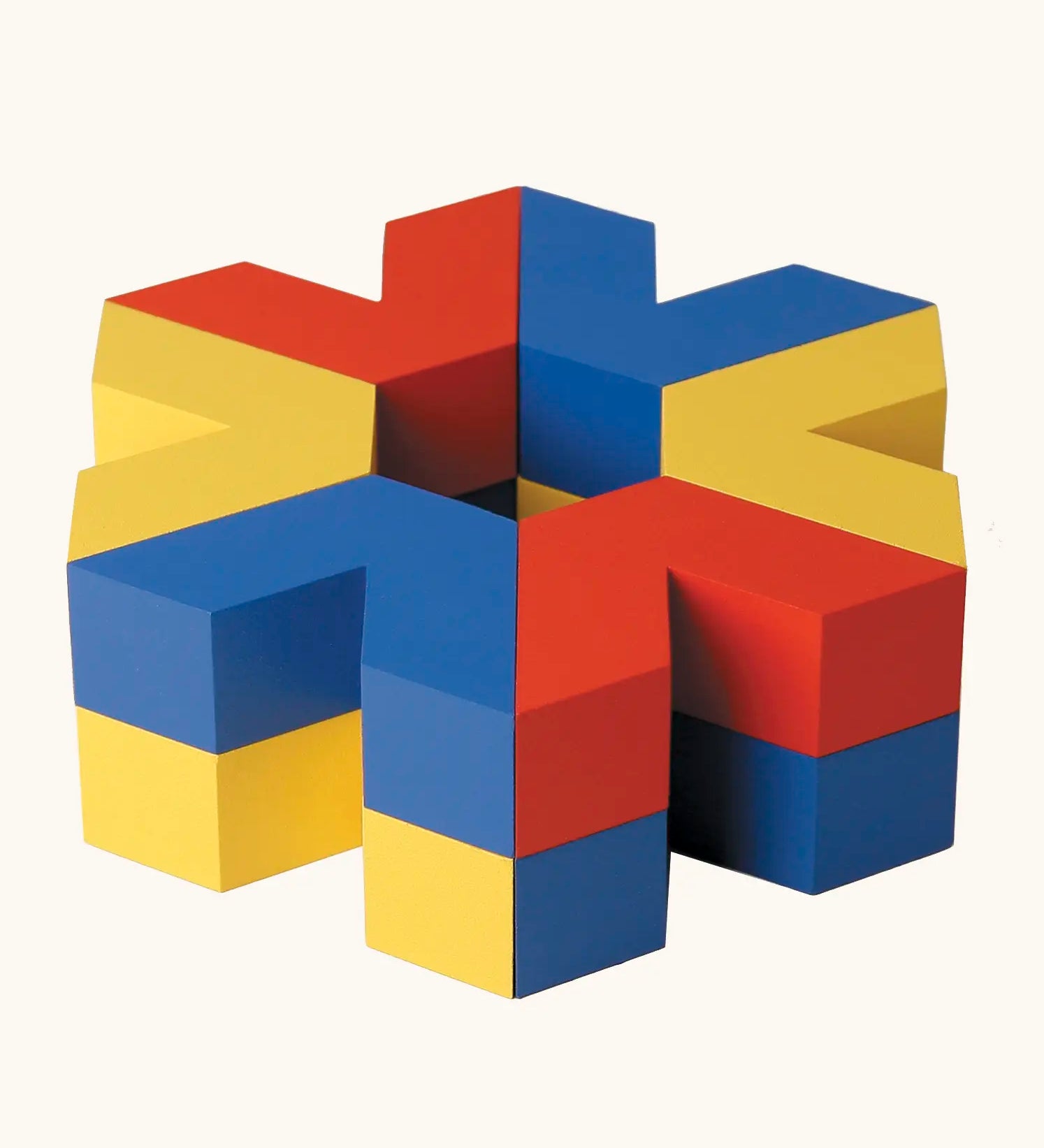 Naef Vivo, V shaped wooden pieces in yellow, blue and red, a construction toy designed by Japanese toy designer Yasuo Aizawa.