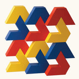 Naef Vivo, a sleek construction toy made up of V-shaped wooden pieces in yellow, blue and red, created by renowned Japanese toy designer Yasuo Aizawa.