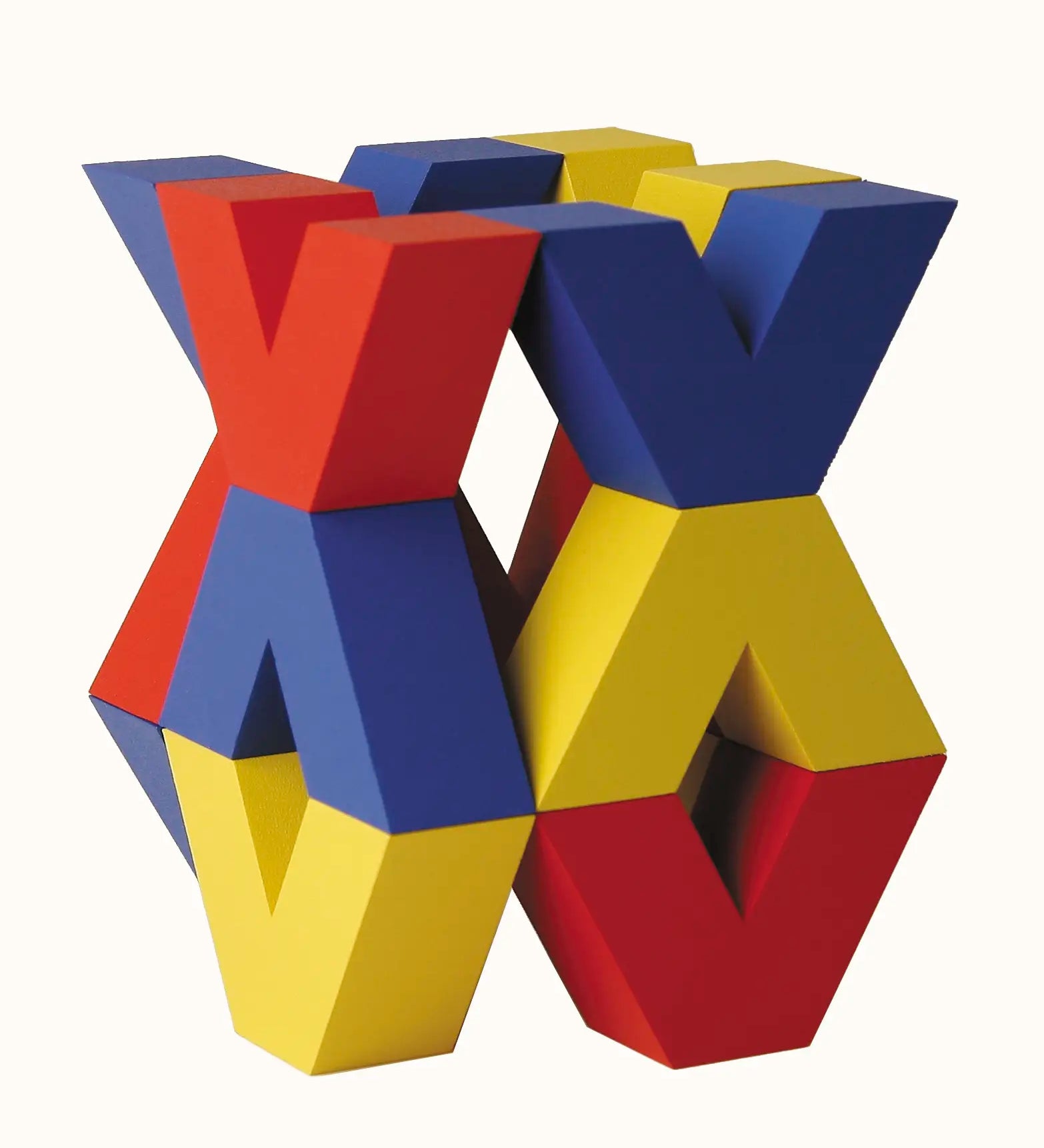 Naef Vivo, a colourful construction toy featuring V-shaped wooden pieces in yellow, blue and red, designed by Japanese toy designer Yasuo Aizawa.