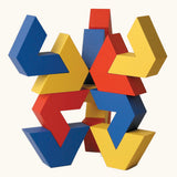 Naef Vivo toy, stackable V shaped wooden pieces in yellow, blue and red, designed by Japanese toy designer Yasuo Aizawa.