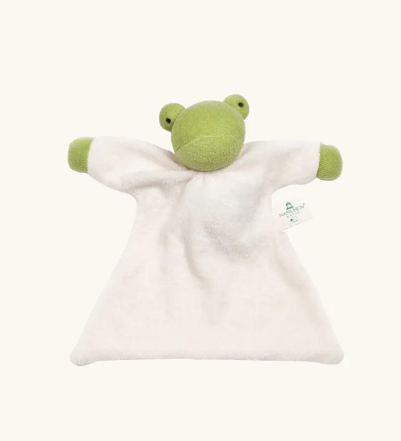 Nanchen baby frog comforter with a soft white terry body and a green head and hands