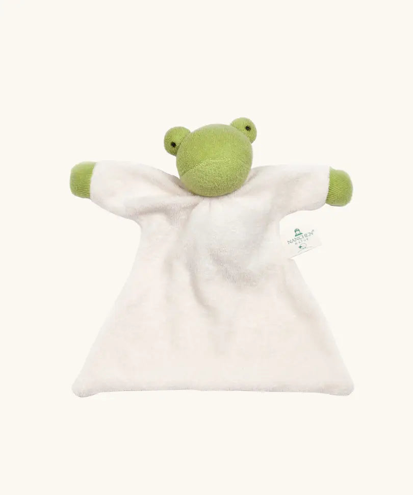 Nanchen baby frog comforter with a soft white terry body and a green head and hands