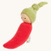 Nanchen Chilli Rattle Doll. An adorable hand crafted, soft rattle toy in the design of a red chili pepper, with a cute green hat with a knot on top. On a cream backgorund