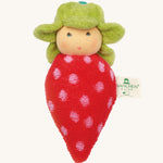 Nanchen Strawberry Rattle Doll. An adorable hand crafted rattle doll, in the shape of a strawberry. With a red and white spotted body and a green hat resembling the leaves on a strawberry