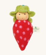 Nanchen Strawberry Rattle Doll. An adorable hand crafted rattle doll, in the shape of a strawberry. With a red and white spotted body and a green hat resembling the leaves on a strawberry