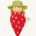 Nanchen Strawberry Rattle Doll. An adorable hand crafted rattle doll, in the shape of a strawberry. With a red and white spotted body and a green hat resembling the leaves on a strawberry