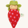 Nanchen Strawberry Rattle Doll. An adorable hand crafted rattle doll, in the shape of a strawberry. With a red and white spotted body and a green hat resembling the leaves on a strawberry