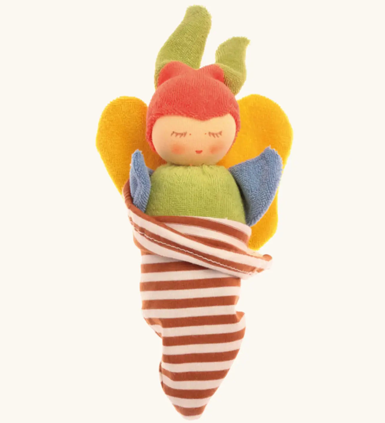 Nanchen soft butterfly doll in a brown striped blanket. Features a green body, blue arms, yellow wings and a red hat.