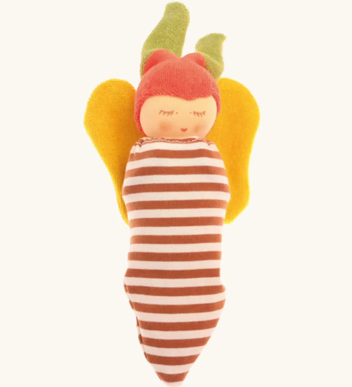 Nanchen soft butterfly doll tucked up in a brown striped blanket acting as a cocoon 