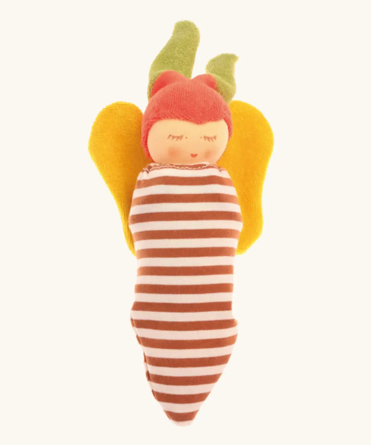 Nanchen soft butterfly doll tucked up in a brown striped blanket acting as a cocoon 
