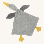 Nanchen Baby Comforter - Grey Goose. A beautifully handmade and soft grey goose comforter toy with a yellow beak and two yellow feet, on a cream background.