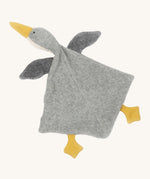 Nanchen Baby Comforter - Grey Goose. A beautifully handmade and soft grey goose comforter toy with a yellow beak and two yellow feet, on a cream background.