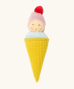 Nanchen ice cream rattle doll soft toy. Showing cone with 2 scoops of ice cream with a cute face and a cherry on top